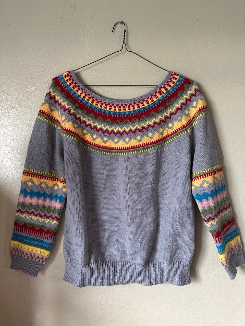 Women’s Gray Fair Isle Yoke Sweater with Multicolor Pattern size XL comfy boho